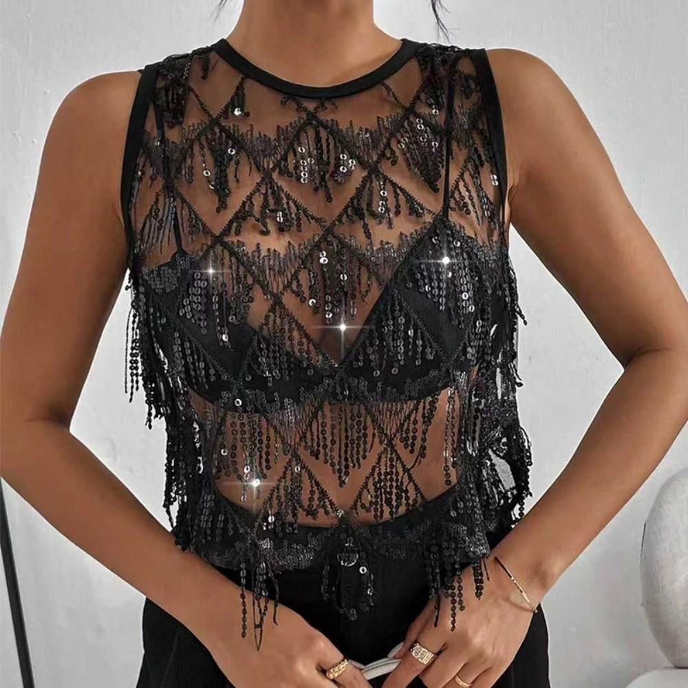 Fringe Crop Top Embroidery Sheer Camisole Chic Sequin Vest Tops  Streetwear