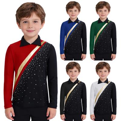 Boys Rhinestones Figure Skating Wear Long Sleeve Contrast Color Invisible Zipper Sparkly Top