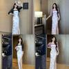 Vintage Floral Print Knit Dress With Side Slit For Summer Casual Wear