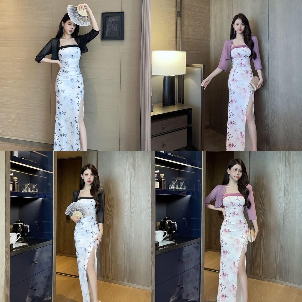 Vintage Floral Print Knit Dress With Side Slit For Summer Casual Wear