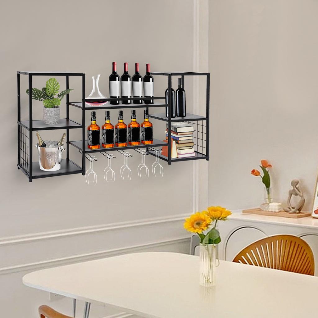 Wall Mounted Wine Rack with 5 Tier Open Shelves, Floating Wine Storage Shelf for Home Kitchen, Wine Bottle Display Organizer