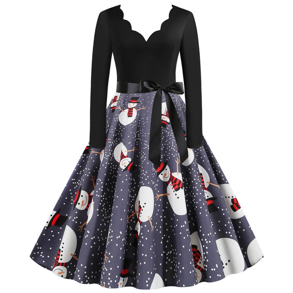 Women's Fashion Long Sleeve Christmas Round Neck Print Hem Dress