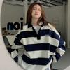 Damen Polo Kragen Langarm Sweatshirt Lockerer Schnitt Preppy Stil Color Block Streifen Pullover Lässiges Oberteil