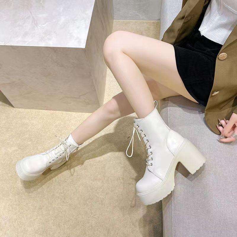 Round head thick heel lace-up Martin boots women's high heel waterproof platform platform platform short boots small retro white soft leather boots