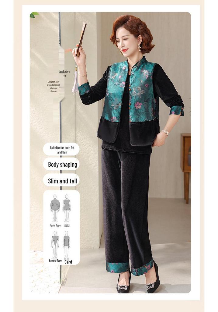 Mom's Spring/Autumn Gold Velvet Chinese Style Vest Jacket Three-Piece Suit for Middle-Aged and Elderly Women