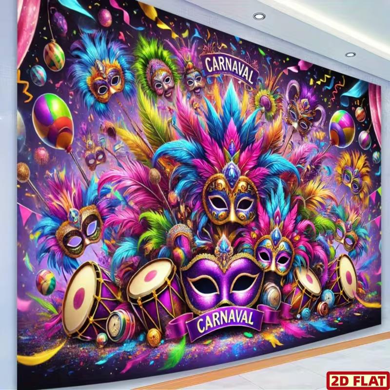 2D Carnaval Party Backdrop Vibrant Feather Mask Photo Booth Background