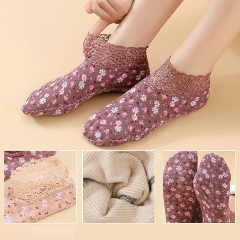 1 Pair Velvet Women Thermal Socks Autumn Winter Low Tube Warm Anti-slip Lace Trim Floor Socks