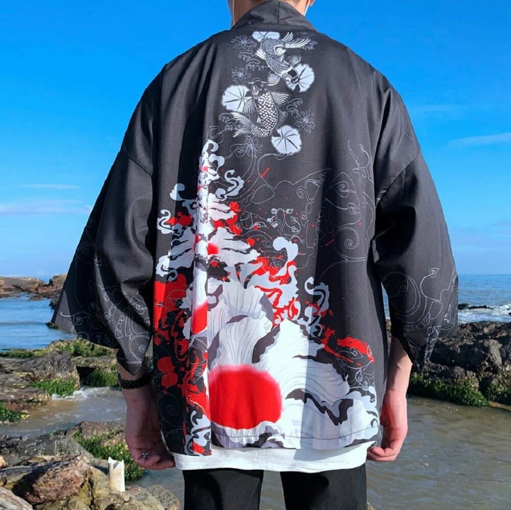 Happi Coat with Rising Carp and Flower for Summer Long Festival Costume [AiO JAPAN] Design, Black, Festivals, Temples, Shrines, Haori, Hanten, Hanten,