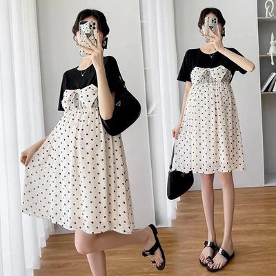 Maternity Two-Piece Chiffon Summer Dress: Loose-Fit, Belly-Covering, Mid-Length Skirt.