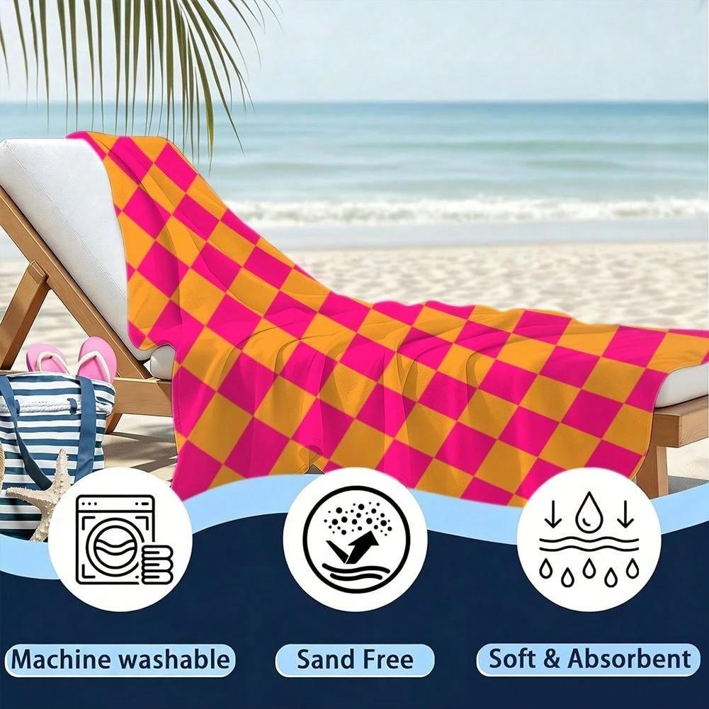 Bright Pink And Orange Checkerboard Print Quick Dry Lightweight Breathable Comfortable Beach Towel For Summer Outdoor Use