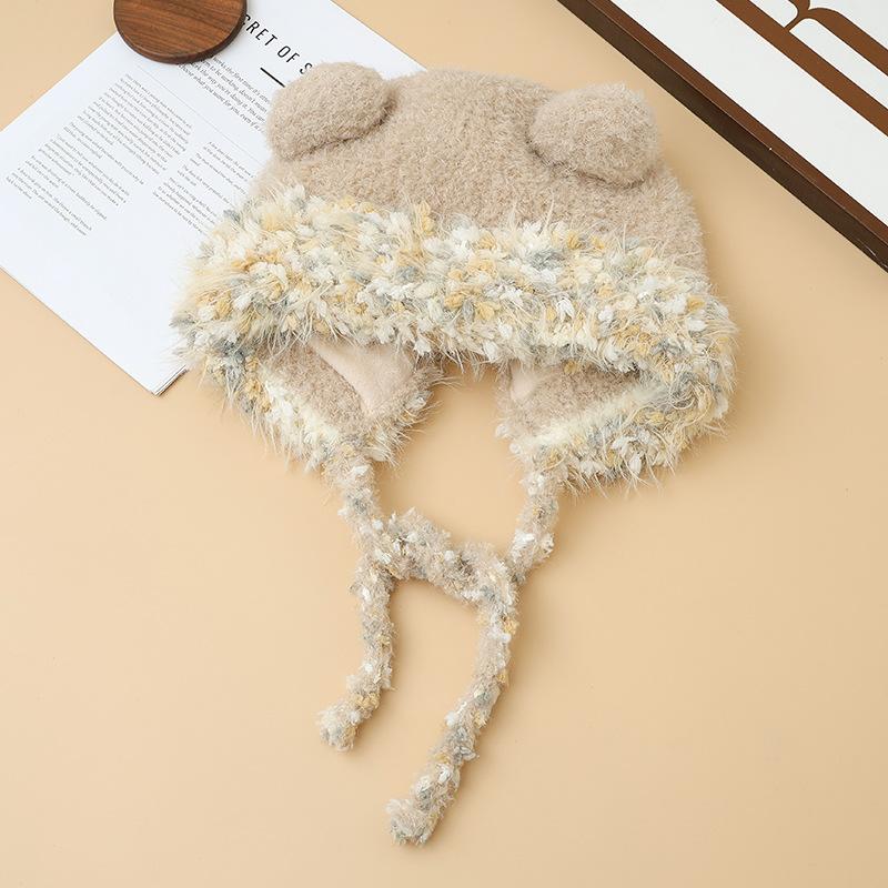 Căciulă Pluș Urechi Urs Drăguț Colorat Boabe de Zahăr Eșarfă de Exterior Set Cald pentru Toamnă și Iarnă Pălărie cu Boruri pentru Cap Mare
