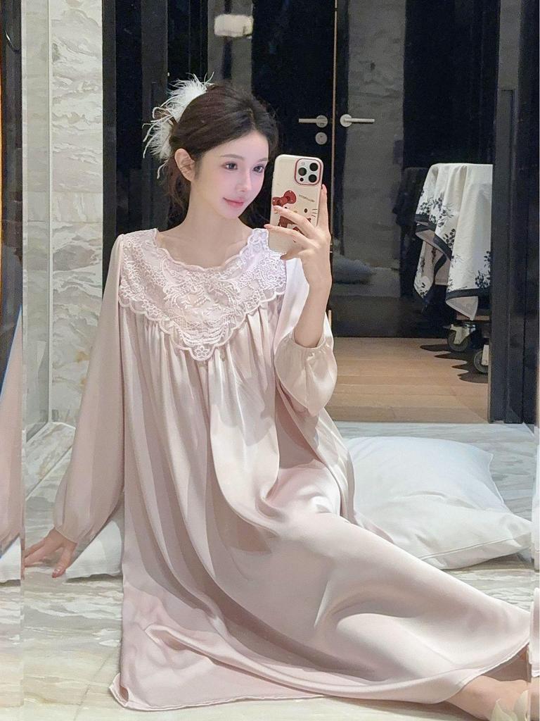 2026 French High-End Lace Cutout Long Sleeve Ice Silk Sleep Dress for Women