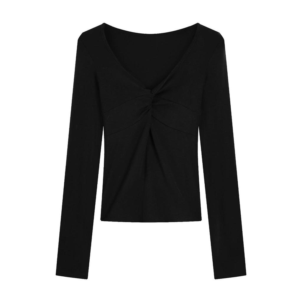 Women's V-neck Twisted Pleated Drop Shoulder Long Sleeve Spring Slimming T-shirt
