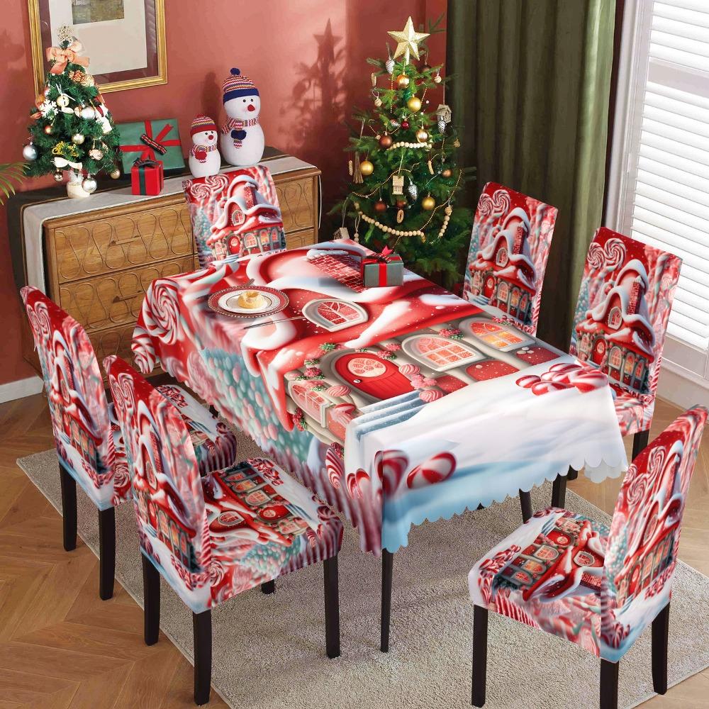 Christmas Santa Print Waterproof Polyester Tablecloth and Chair Covers Set for Dining Room