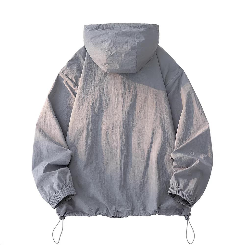 Herren Kapuzen-Sonnenschutzjacke Sommer Ultra Dünn Reißverschlusstasche Windjacke Elastische Bündchen Outdoor Wandern Angeln Hautschutzjacken