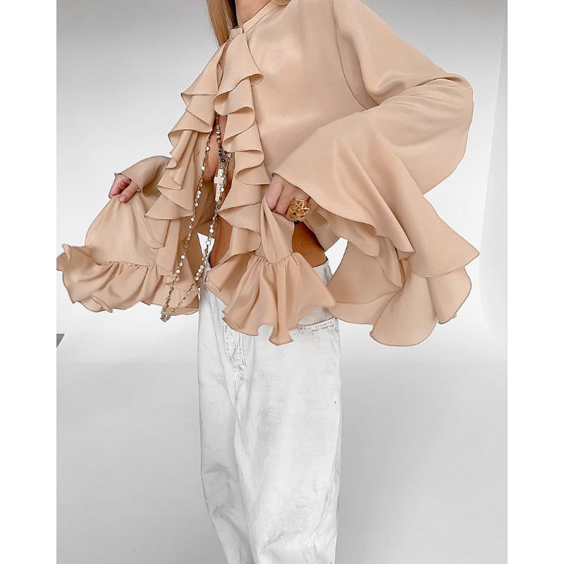 Designkänsla Volang Långärmad Skjorta Höst Vinter Ny Elegant High-end Kofta Topp för Kvinnor