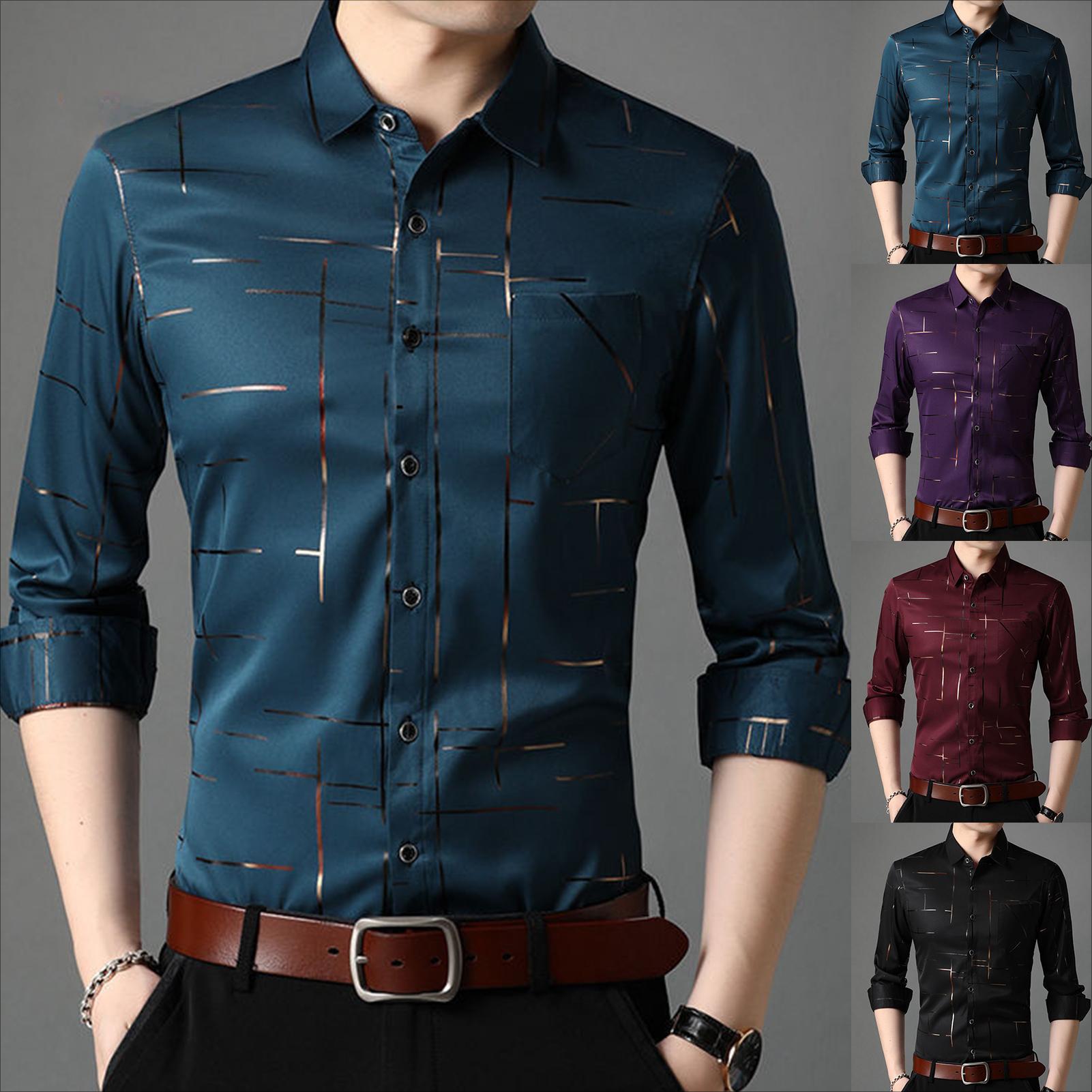

Men Turn Down Collar Stripes Single-breasted Business Shirt Top 3XL чорний