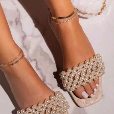 2024 Shoes Female Plus Size Women's Slippers Outdoor Beach Slippers Women String Bead Square Toe Low Flat Heel Ladies Shoes