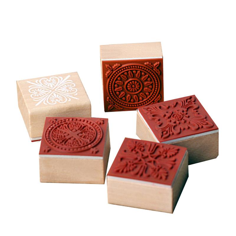 Korean Kawai Stationery Classic Wooden Retro Square Lace Seal 2 Series Set Seals Office School Supplies Teacher Lovely Gift