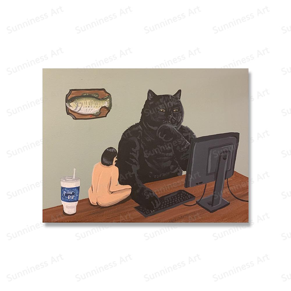 Abstract Green Plant Flower Black Cat Wall Art Canvas Painting Funny Posters And Prints Wall Pictures For Boho Living Room Decor