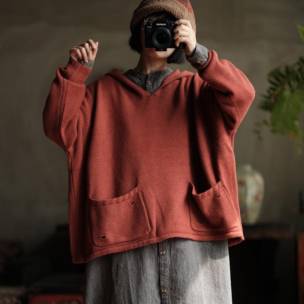 

Johnature Женские пуловеры с капюшоном, однотонные вязаные осенние, пэчворк, карманы, мягкие свитера One Size оранжевый