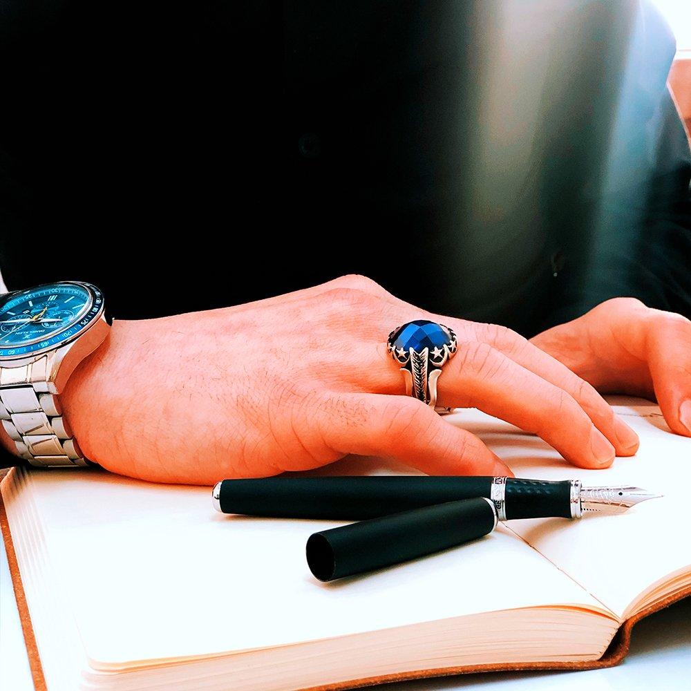 Parlement Mavisi Zirkon Taşlı Ayyıldızlı 925 Ayar Gümüş Yüzük