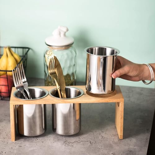 IMEEA Chopstick Holder, Cutlery Stand, Cutlery Holder, Cutlery Case, Stainless Steel, Wooden Frame, 3 Sets