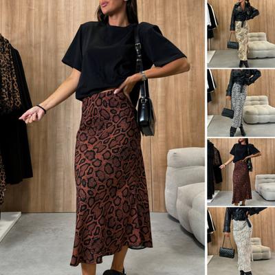Damen Midirock mit hoher Taille und Leopardenmuster, lockere Passform, wadenlanger Rock