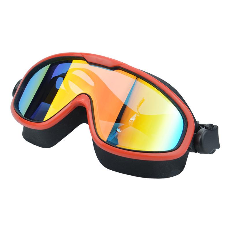 Adult anti-fog swimming goggles, large frame, high-definition, colorful, waterproof, professional training swimming glasses Red frame, red film