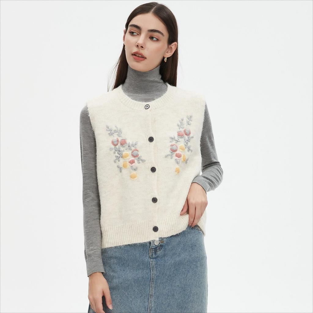 DIMANAF 2025 Short Vest Sweaters Autumn Women Flowers Print O-Neck Sweaters Knitting White Sweater
