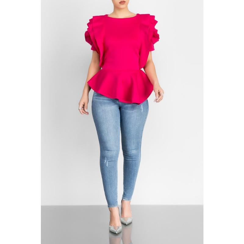 

Женский летний топ с рюшами и короткими рукавами XL ярко-розовый