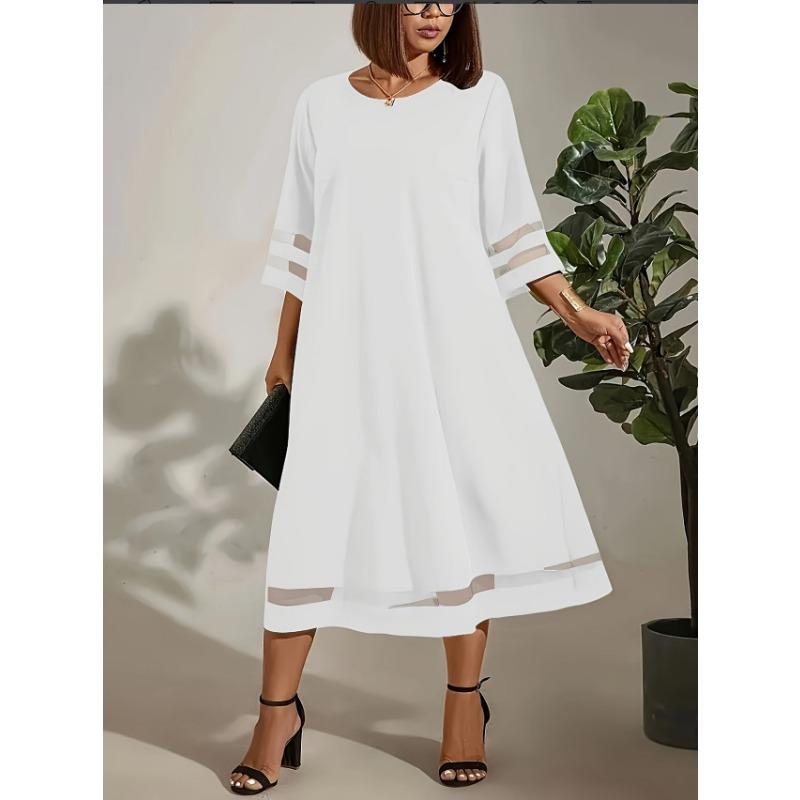 

YYFS Женская мода лето весна однотонный принт рукава 3/4 О-образный вырез свободная талия повседневные платья XXXL белый