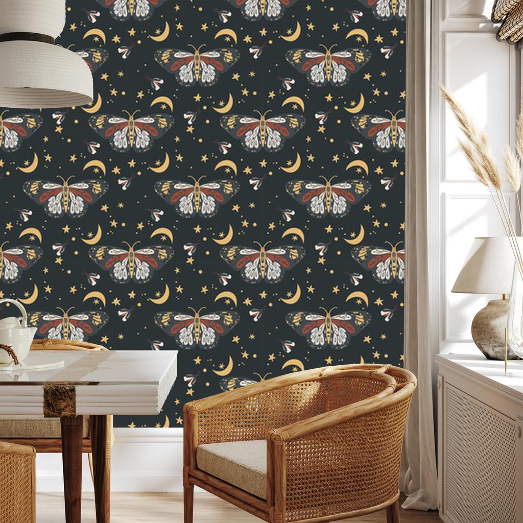Rainbows and Butterflies Boho Wallpaper, Turquoise and Graphite, for Living Room and Bedroom, 50x1000