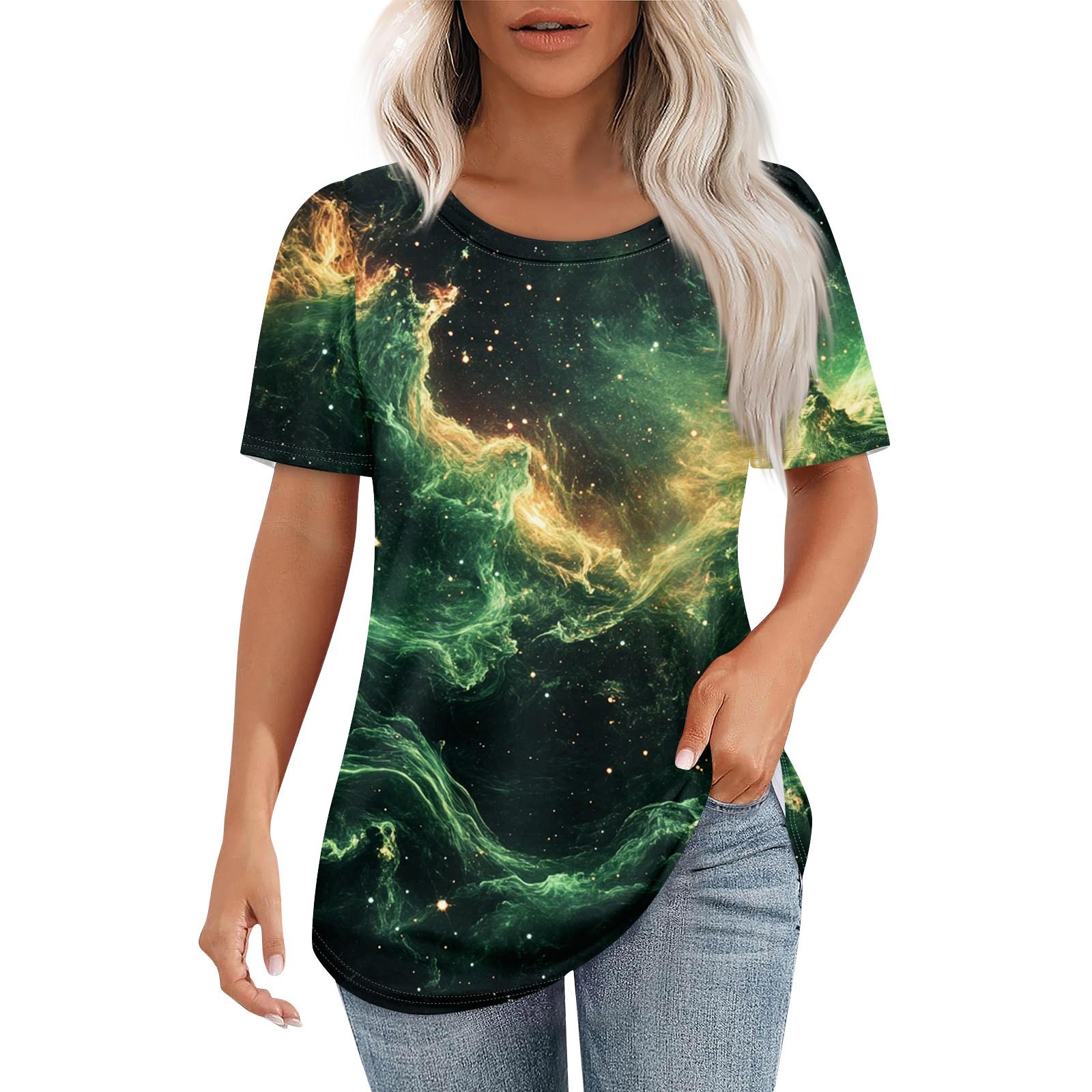 

Жіноча модна повсякденна футболка з круглим вирізом і короткими рукавами з принтом неба XL зелений