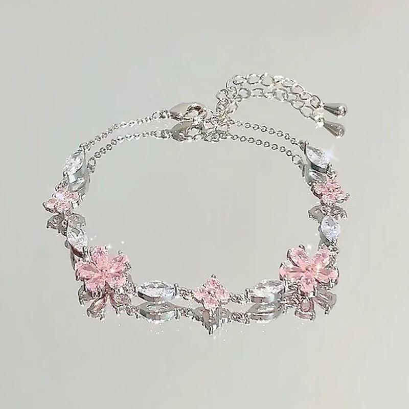 Cherry Blossom Bracelet For Women Girls Shiny Flower Bowknot Charm Bracelets Bangles Party Jewelry Accessories Gifts