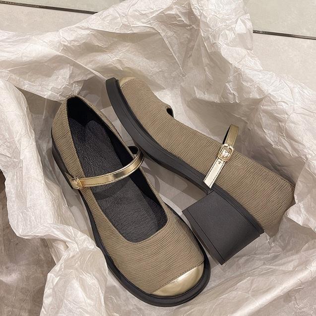 Mary Janes French High Heels Thick Soled Spring Autumn Footwear Round Toe Buckle Strap Ladies Mid Heel Pumps Zapatos De Mujer