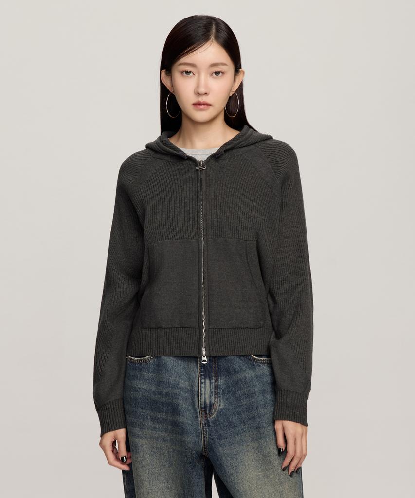 1993Studio Two-Way Knit Signature Zip-Up Hoodie_Charcoal