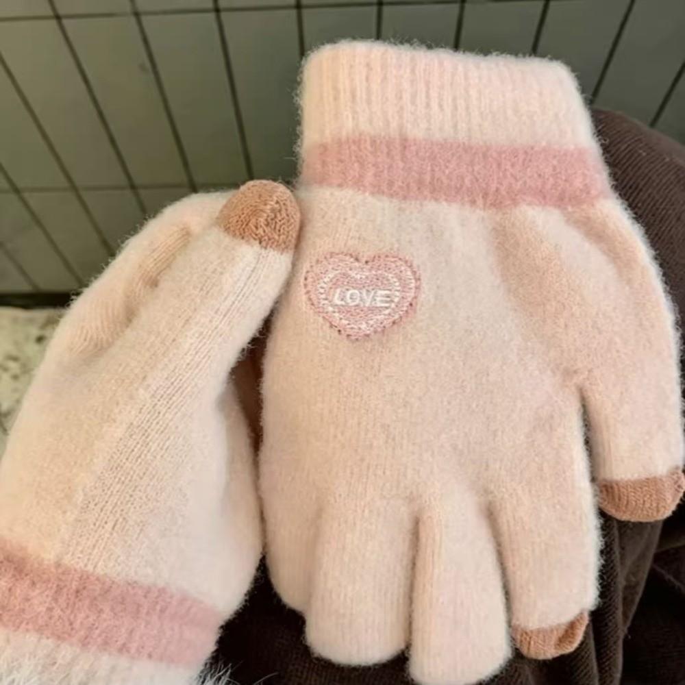 Candy Color Winter Warm Gloves Heart Embroidery Fuzzy Cold Proof Gloves  For Women