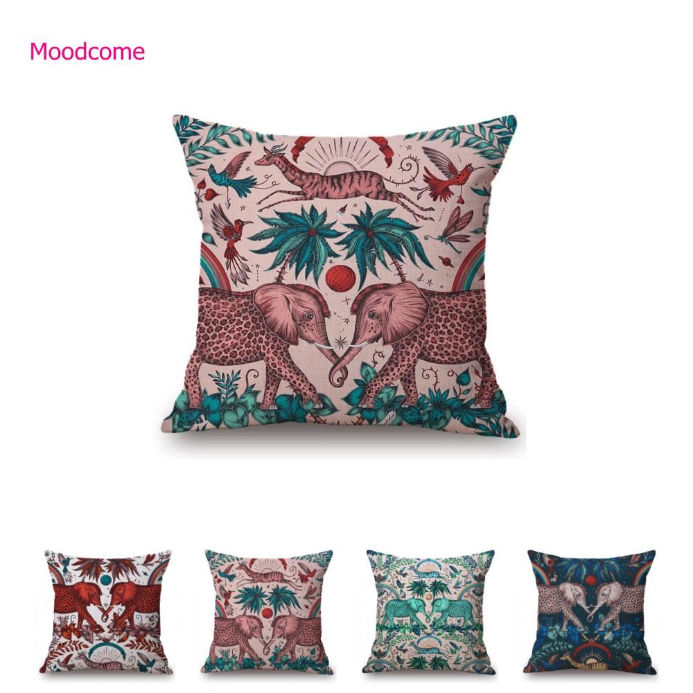 Tropical Plant Elephant Animal Pattern Home Decoration Cotton Linen Sofa Seat Cushion Cover