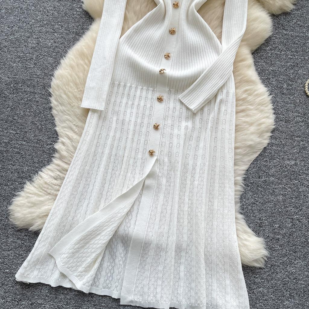 Autumn Winter Women Elegant Polo Collar Knitted Sweater Metal Button Long Maxi Split Pullover Dresses