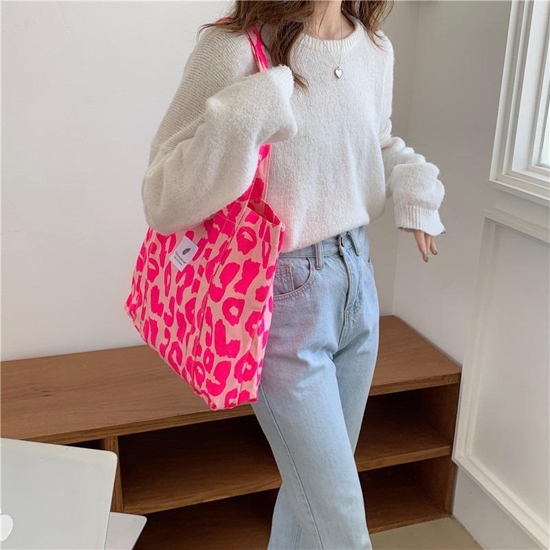 Wind large capacity canvas bag simple student shoulder bag contrasting color checkerboard leopard print women's bag