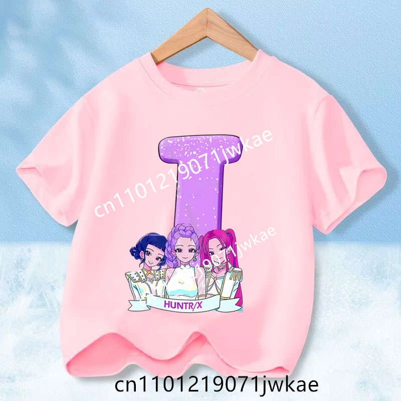 

Pink Round Collar Clothes Kids Short Sleeve Clothing Gift KPop Demon Hunters T-shirt for Children Cartoon A-Z Letters Tee Top 110