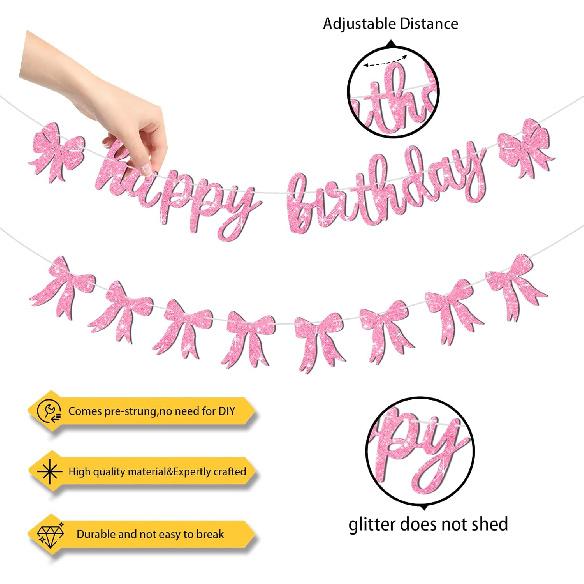 Happy Birthday Bow Banner-Glitter Pink Birthday Banner for Women Coquette Decorations for Coquette Party Bow Party Decorations Pink Supplies.