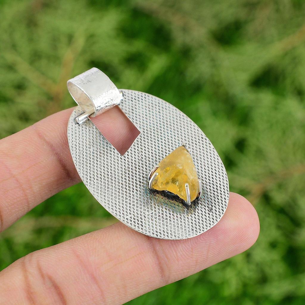 Daughters Day Sale November Birth Citrine Rough Gemstone New Pendant 925 Silver