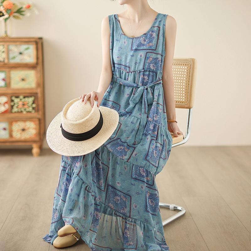 

Свежее свободное и тонкое хлопково-льняное платье-жилет женское на шнуровке на талии с круглым вырезом без рукавов с принтом темпераментное длинное платье 2XL