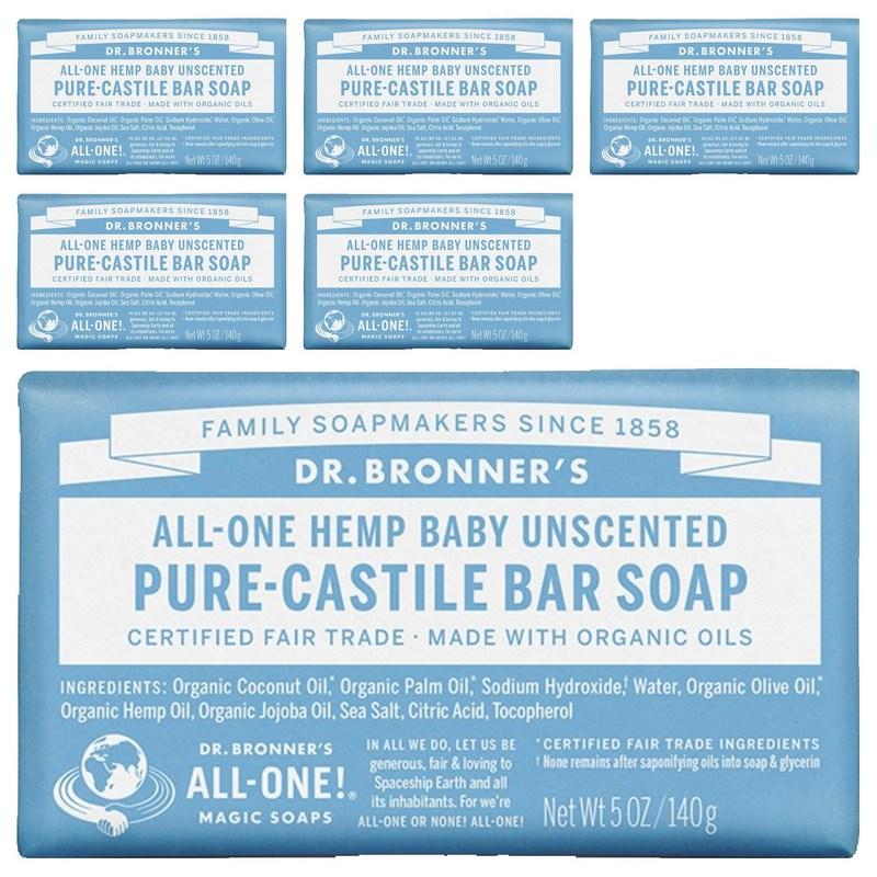 Dr. Bronner's Baby Mild Pure Castile Bar Soap Unscented, 140g, 6 Pcs