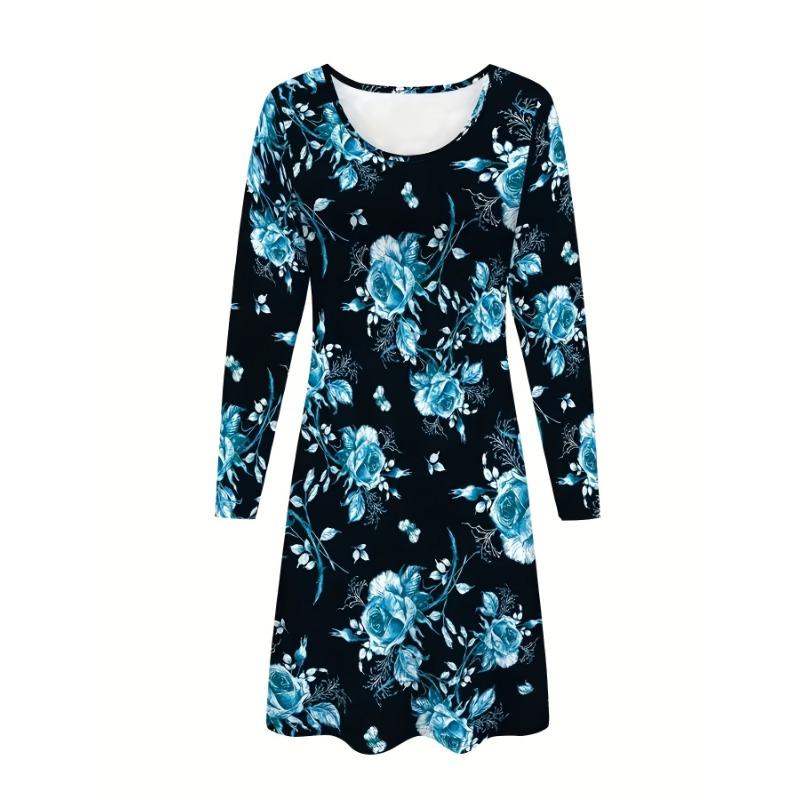 Autumn Winter Dress, Women'S Long Sleeve Round Neck T-Shirt Dress, Digital Floral Print Dress, Fashion Casual Long Dress