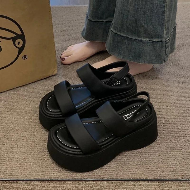 Fashion Summer 2025 Chunky Sandals Women's Wedge Heels Slides 8CM High Heels Leather Casual Woman Beach Thick Bottom Sandales Femmes