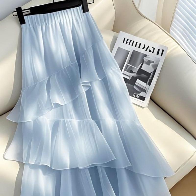 Women's Unique Beautiful Tiered Skirt Elegant High Waisted Blue Chiffon A Line Half Skirt