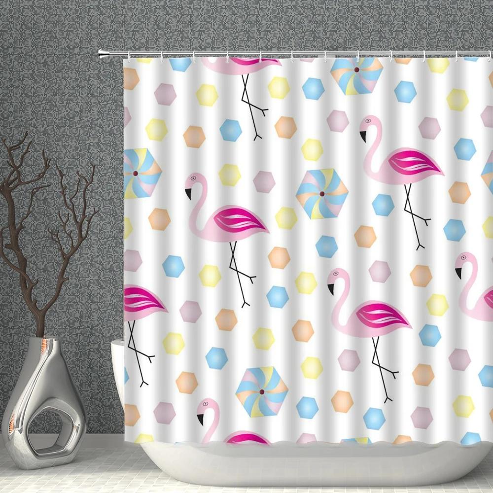 Pink Flamingo Shower Curtain Waterproof Fabric Black Background Tropical Plant Flamingos Print Bathroom Curtains Set Bath Screen